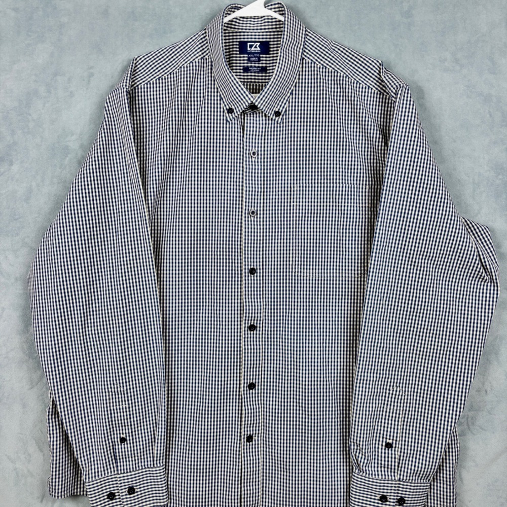 Cutter & Buck Mens XXL Tailored Fit Gingham Stretch Button Down Shirt Blue White